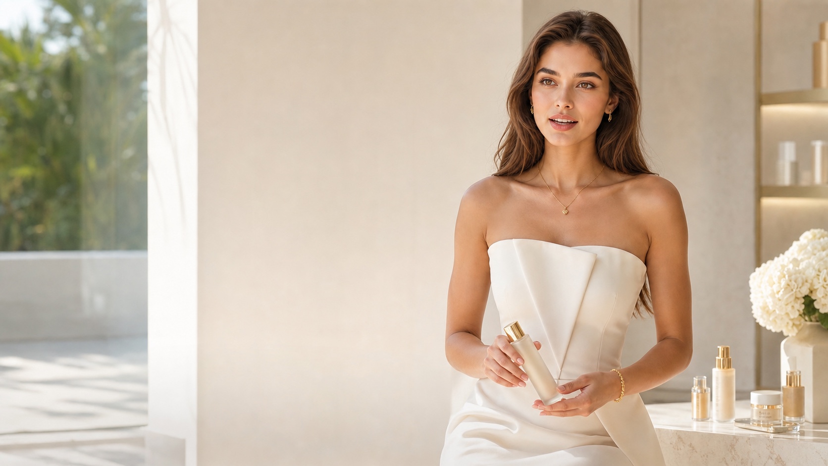 Mia presenting a luxury skincare product